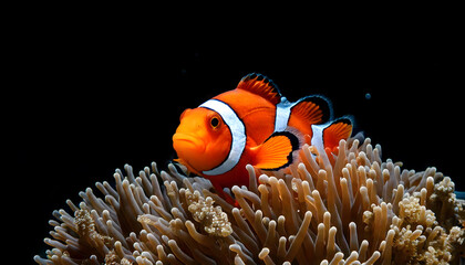 clownfish in black background swimming through a reef