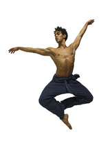 Scantily clad dancer, ballet dancer, man shows ballet jumps, dark-skinned athletic man