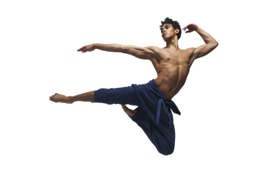 Scantily clad dancer, ballet dancer, man shows ballet jumps, dark-skinned athletic man