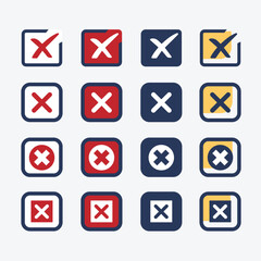 Cross mark icon button set. Cross icon with wrong button, no cross icons in tick box Isolated symbol.