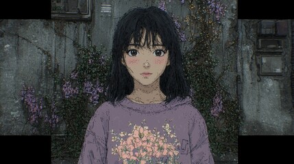 Portrait of a young woman surrounded by flowers urban setting digital art mystical vibe
