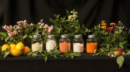 A serene display of jars of powdered supplements, surrounded by fresh fruits and herbal leaves.