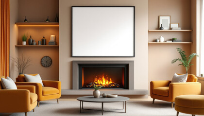 a cozy fireplace with a warm fire, a large blank white picture frame above it, and a modern design with orange chairs and a coffee table. Cozy modern living room with photo frame design
