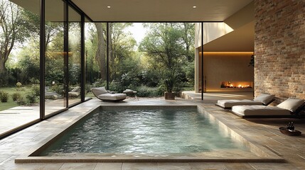 Fototapeta premium Luxurious indoor pool with natural light and garden view.