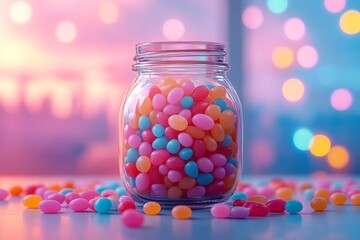 Glass Jar Filled with Colorful Jellybeans for Sweet Delights and Vibrant Displays in Candy Store