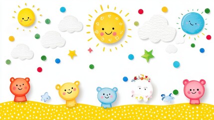 Cheerful Cartoon Animals and Suns in a Sunny, Sparkling Landscape