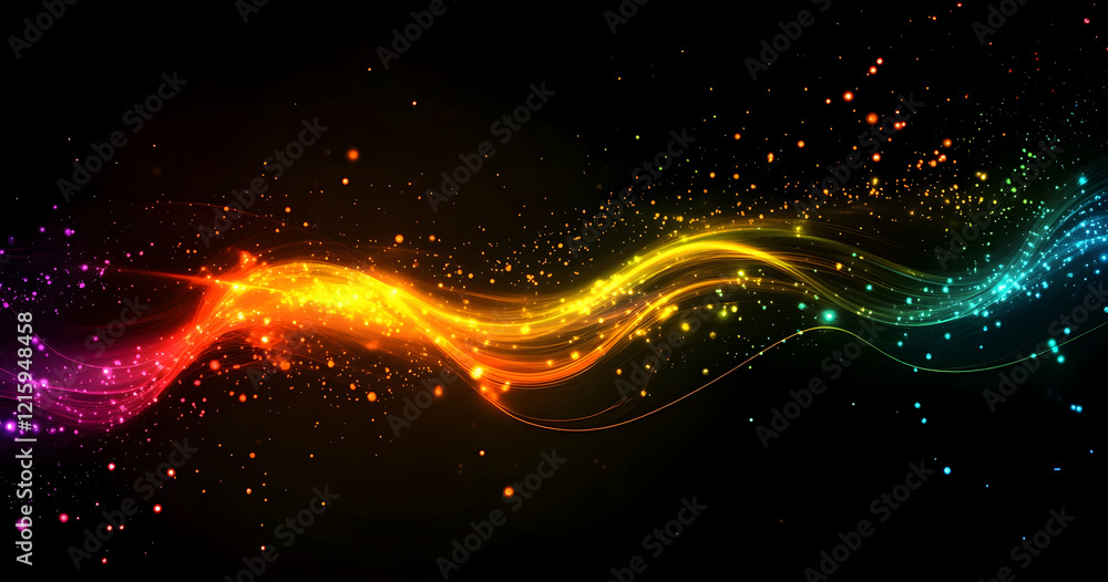 Poster abstract digital background with colorful lines and dots, forming an elegant composition on a dark b