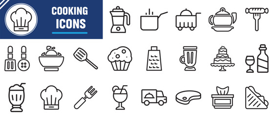 Cooking and kitchen line icon collection. Boiling time, Frying pan and Kitchen utensils. Fork, spoon and knife line icons. Recipe book, chef hat and cutting board. Vector illustration.