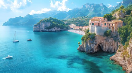 Coastal Italian villa, scenic bay, boats, mountains, summer vacation