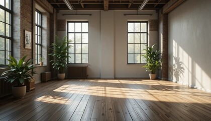 Obraz premium Modern Contemporary Loft Interior with Wooden Floor and Green Plants.