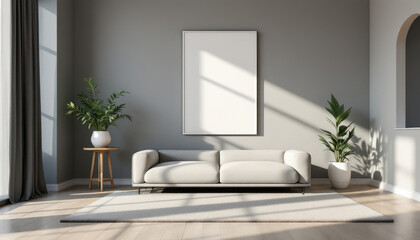 a gray sofa, a white rug, a wooden side table with a plant, and a large blank picture frame on the wall. Cozy modern living room with photo frame design