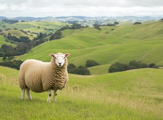 Fototapeta premium A white sheep standing in a green rolling hills landscape during a cloudy day