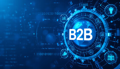 Obraz premium B2B business strategy concept. Businessman working with B2B virtual on laptop, conceptualizing strategy, partnership, targets in business to business services. E-commerce, B2B Marketing, enterprise