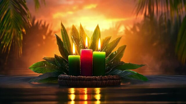 Kwanzaa celebration with kinara candles at sunset - festive african harvest decorations