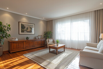 Bright Living Room with Wooden Storage Unit and Open, Inviting Design