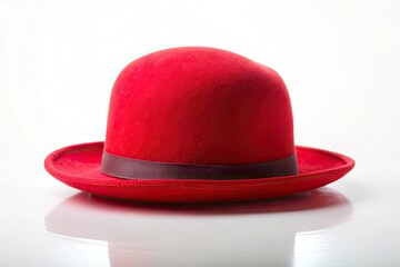 A simple red clown hat against a stark white background; elegant circus still life.
