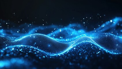 Blue Glowing Particle Waves Dark Background Digital Art