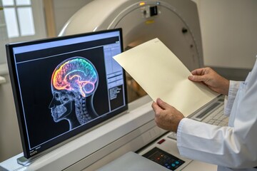 Brain scan on monitor with doctor. Healthcare and neuroscience technology