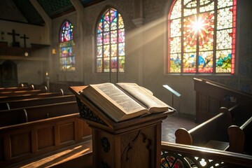 Open Bible on church pulpit with light. Religion and spirituality