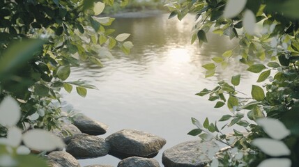 Naklejka premium Serene Lakeside Escape: Tranquil Pond, Lush Greenery, and Smooth Stones