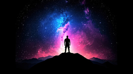 Fototapeta premium person stands on mountain silhouette against vibrant galaxy backdrop, showcasing stunning cosmic scene filled with stars and colorful nebulae