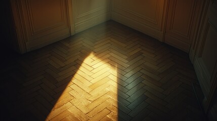 Sunbeam illuminating hardwood parquet floor in empty room corner