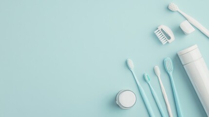 A clean depiction of a dental hygiene kit with visible tools and a neutral background, Minimalist style, photo of