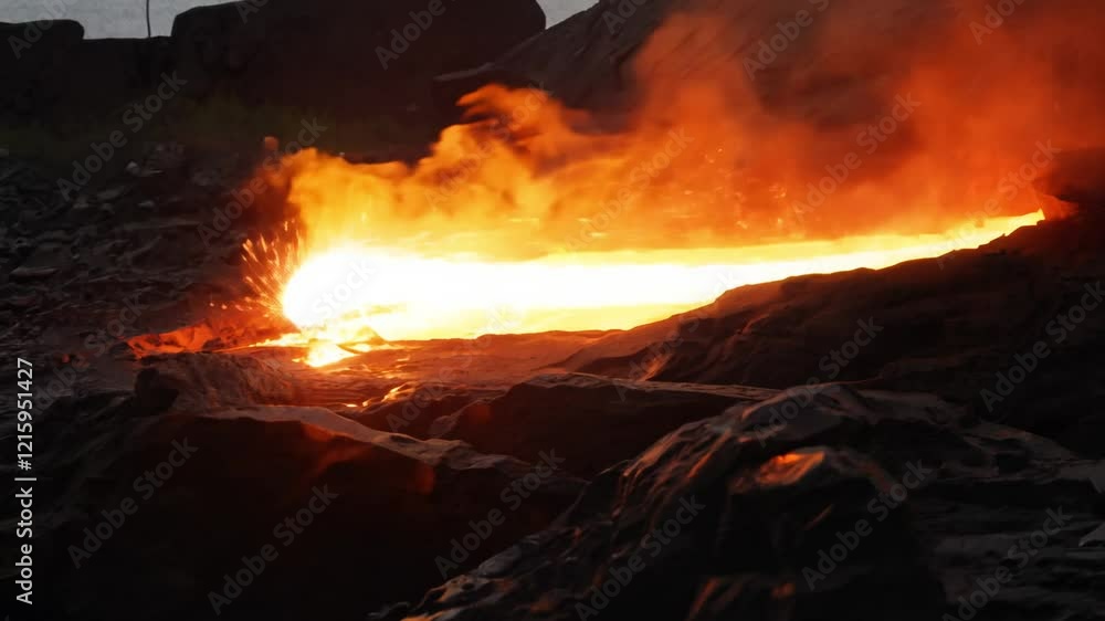 Poster dynamic video of molten metal flowing over rough terrain, camera moves dynamically around side lit e