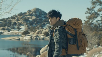 Fototapeta premium Solitude and Adventure: A Backpacker's Winter Journey