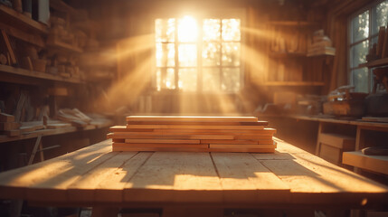 Sunlit woodworking workshop with a wooden table and crafting materials.