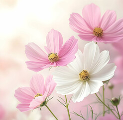 Obraz premium Pink and white cosmos flowers in the foreground, with a soft focus on the background, against a bright white backdrop.