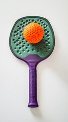Vibrant paddleball racket rests gently on bright background showing off textured surface and orange ball. AI Generated