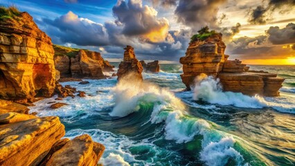 Fototapeta premium Coastal cliffs and sea stacks: dramatic eroded stone formations showcasing coastal geology's natural wonders.
