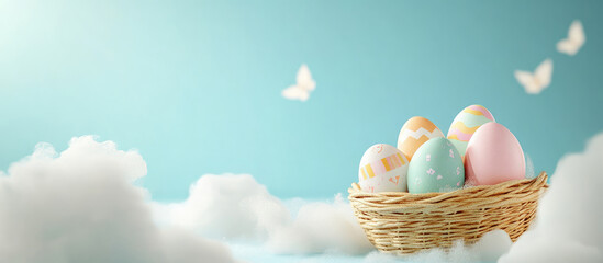 Pastel Easter eggs in a white wicker basket with a soft sky blue cloud background