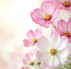 Pink and white cosmos flowers in the foreground, with a soft focus on the background, against a bright white backdrop