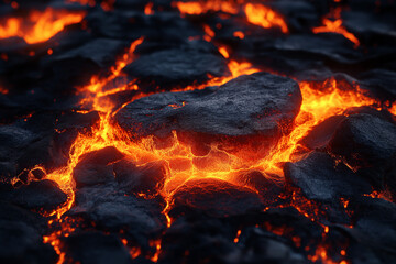 Scorching Molten Flow Over Obsidian Rocks with Luminous Lava Streams