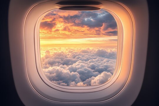 Airplane window sunset cloudscape view travel
