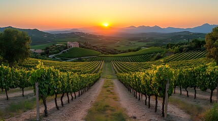 Fototapeta premium Vineyard sunset landscape, Tuscany, Italy, rows, hills