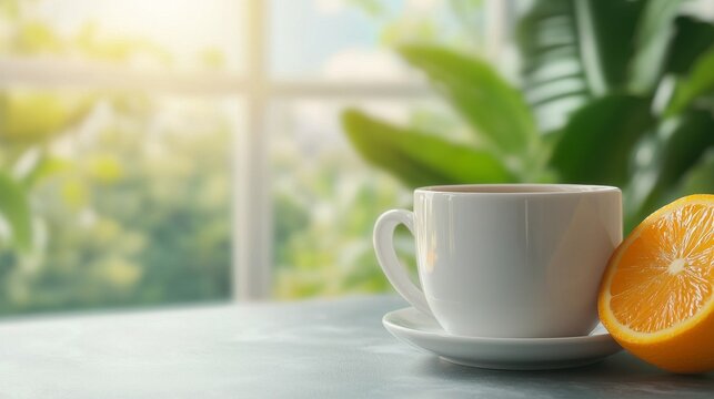 Vibrant Summer Breakfast Outdoors with Coffee and Fresh Orange Slice on Table