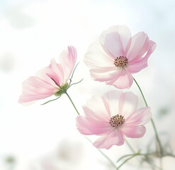 A photograph of pink and white cosmos flowers with a blurred background,