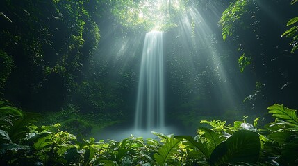 Enchanted Waterfall: Sunbeams Illuminating a Lush Paradise