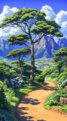 Fototapeta premium Majestic Lone Tree on Mountain Path, Vibrant Landscape