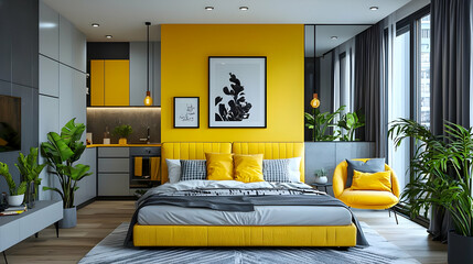 Modern Studio Apartment Design: Yellow & Grey Decor