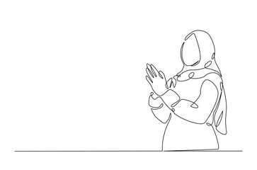 Muslim woman with apologize hand gesture in continuous one line drawing design. Arabian woman potrait single line illustration.