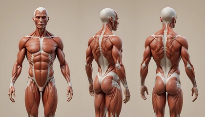 Detailed 3D anatomical model of human male musculature, front, back, and side views, showcasing superficial muscles and muscle fiber details.