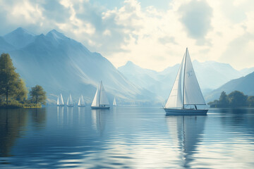 Peaceful Flow of Sailboats Skimming Across a Calm Sea in the Evening