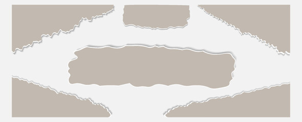 Torn paper piece collection. Beige shapes with jagged uneven edges. Ripped different paper fragment set. Textured grunge element bundle for collage, text box, banner, sticker, poster, flyer. eps 10