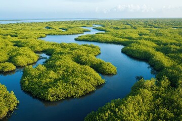 Aerial view of mangrove coast, winding river, ocean background, eco-tourism