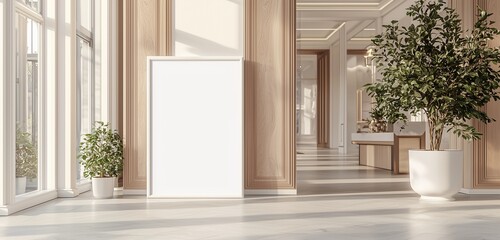 Fototapeta premium Luxurious store entrance with a white frame mockup and wooden panels.