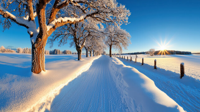 serene winter landscape featuring snow covered road lined with trees, bathed in sunlight. scene evokes sense of tranquility and beauty in nature